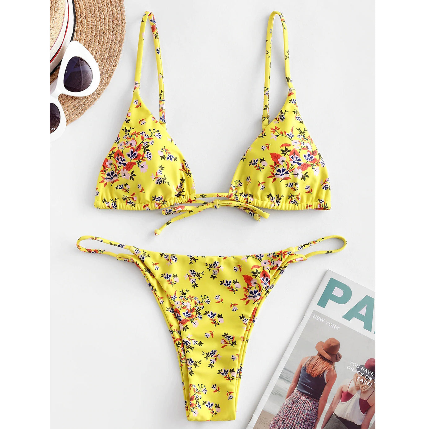 Sexy Flower Print Two Piece Lace-Up Bikini